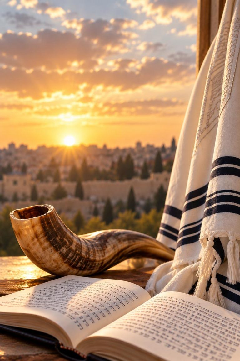 Shabbat Shuva - shofar, open machzor and tallit at sunset over Jerusalem