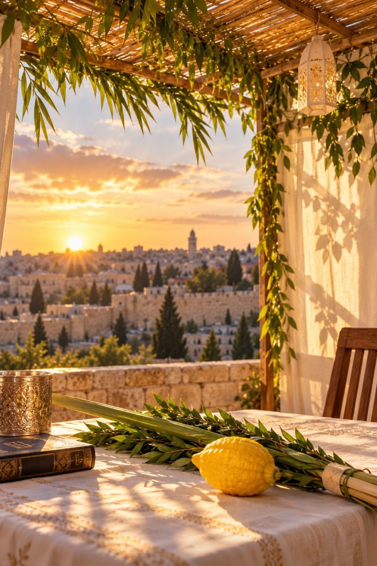Sukkot - sukkah with lulav and etrog at sunset over Jerusalem