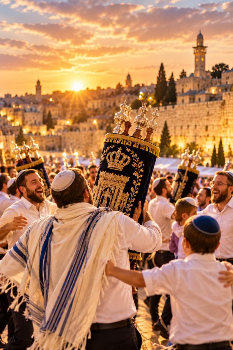 Hakafot on Simchat Torah at the Kotel at golden hour - men and boys dancing with Torah scrolls